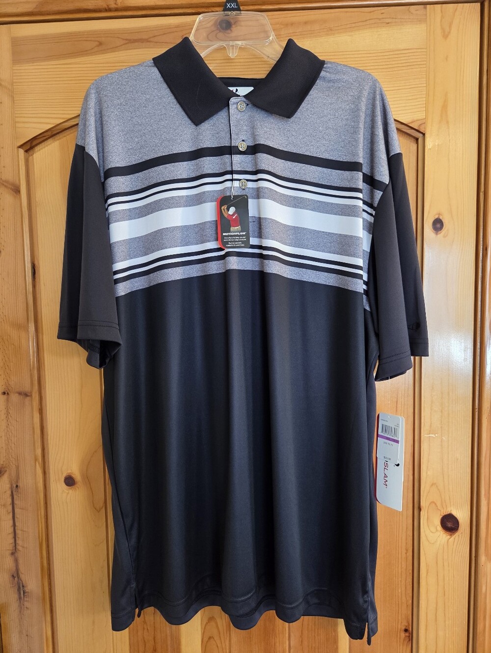 Mens Grand Slam Polo Shirt XXL Black Gray White Stripe Polyester Wicking Golf